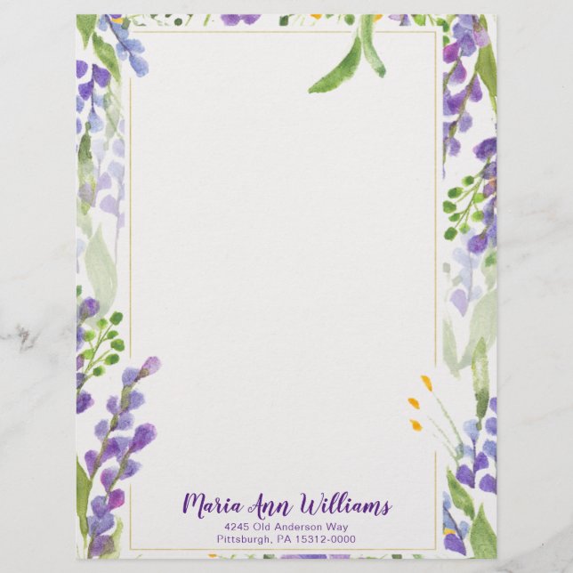Aquarelllavender Personalisiert Letterhead Briefbogen (Vorderseite)