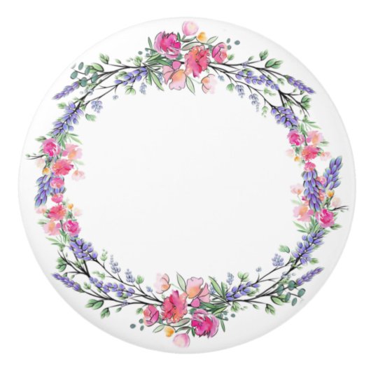 Aquarelllavender Pink Wilde Rose und Eukalyptus Keramikknauf (Vorderseite)