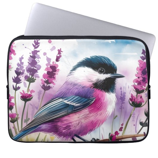 Aquarelllavender und Chickadee Laptopschutzhülle (Vorderseite)
