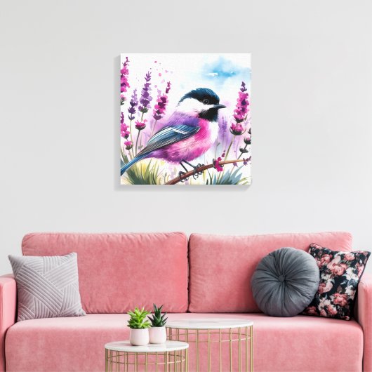 Aquarelllavender und Chickadee Leinwanddruck (Insitu (Wohnzimmer))