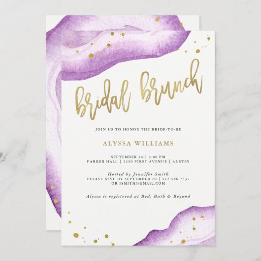 Aquarelllavender und Goldgeode Bridal Brunch Einladung (Vorne/Hinten)