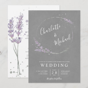 Aquarelllavender und Hochzeit mit grauem Kranz Einladung