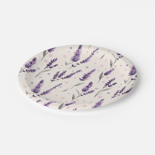 Aquarelllavender und Punktedesign Pappteller (Schrägansicht)
