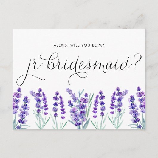 Aquarelllavender wird meine Jr Bridesmaid sein Einladungspostkarte (Vorderseite)