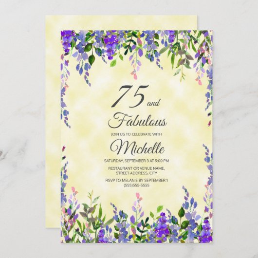Aquarelllavender Yellow 75 & Fabulous Birthday Einladung (Vorne/Hinten)