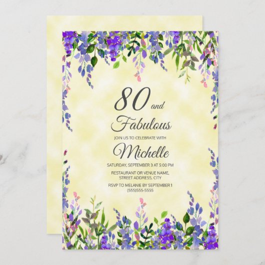 Aquarelllavender Yellow 80 & Fabulous Birthday Einladung (Vorne/Hinten)