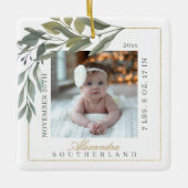 Aquarellleder Grünpflanzen Baby Birth Stats Foto Keramikornament (Vorderseite)