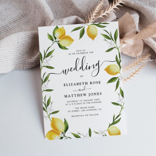 Aquarelllemon Grünpflanzen Hochzeit Einladung