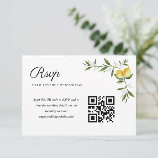 Aquarelllemonen Blumenzehen QR-Code Rsvp-Karte RSVP Karte (Stehend Vorderseite)