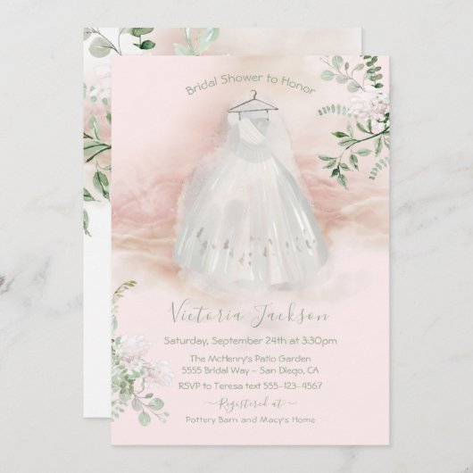 Aquarelllicht & Airy Bridal Gown Dusche Einladung (Vorne/Hinten)