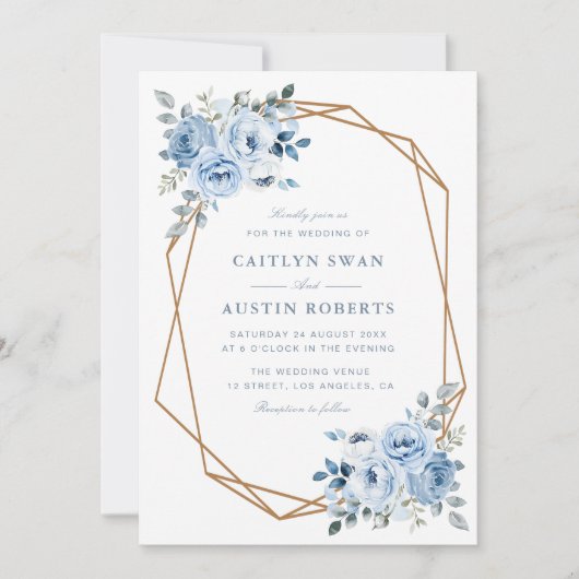 Aquarelllicht Blau Blumen geometrische Hochzeit Einladung (Vorderseite)