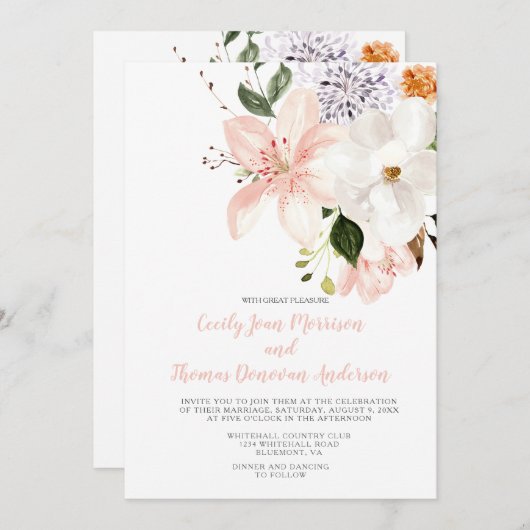 Aquarelllien, Peonies, Magnolien Einladung (Vorne/Hinten)