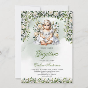 Aquarelllien und Rose Mädchen Taufe Einladung