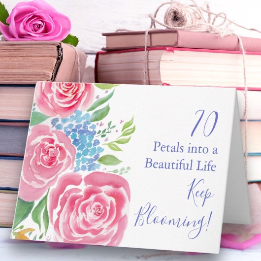 Aquarelllose Rose & Hydrangea 70. Geburtstag Karte