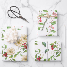 Aquarellmagnolien, rote Berries und Foliage  Geschenkpapier Set