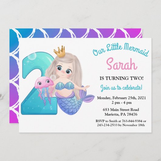 Aquarellmaid 2. Geburtstag Party Einladung (Vorne/Hinten)