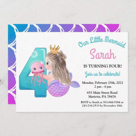 Aquarellmaid 4. Geburtstag Party Einladung (Vorne/Hinten)