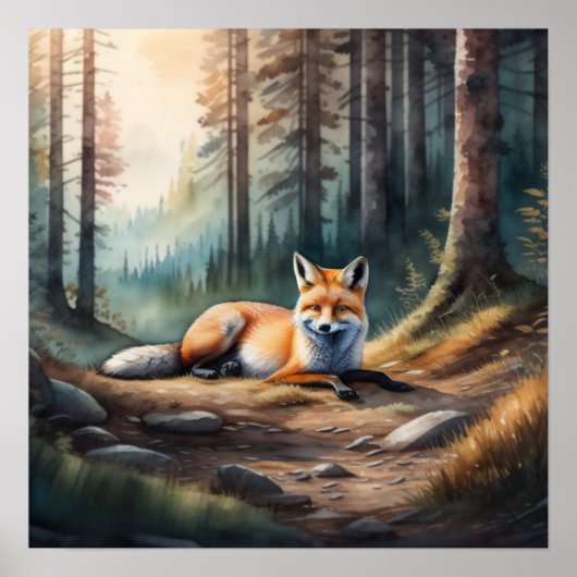 Aquarellmaler Fox Lying in Forest 1:1 Poster (Vorne)