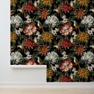 Aquarellmäler, Rosen, Vögel Dark Floral Tapete