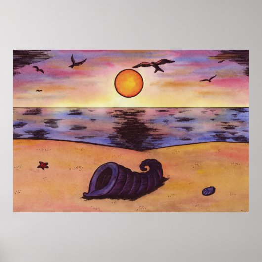 Aquarellmalerei am Strand bei Sonnenuntergang Poster (Vorne)