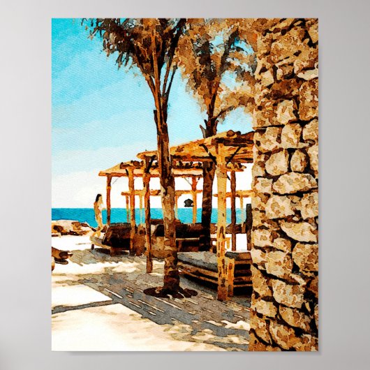 Aquarellmalerei am Strand von Mykonos Poster (Vorne)
