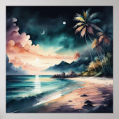 Aquarellmalerei am tropischen Strand bei Nacht Poster (Vorne)