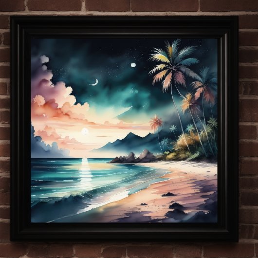 Aquarellmalerei am tropischen Strand bei Nacht Poster
