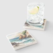 Aquarellmalerei an der Küste Design Kunst Steinuntersetzer (Seitenansicht)