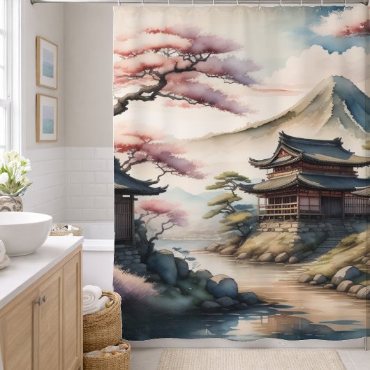 Aquarellmalerei Antikes Japanisches Dorf Duschvorhang