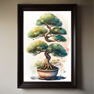 Aquarellmalerei auf Bonsai Tree in Pot Poster