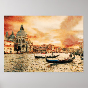 Aquarellmalerei auf dem Canal Grande, Venedig Poster