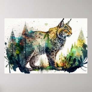 Aquarellmalerei auf einem Lynchwald AI Natur Poster