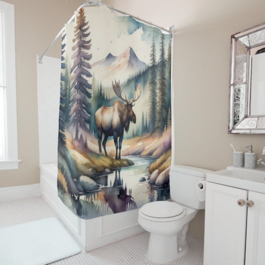 Aquarellmalerei auf Elche im Wald Duschvorhang (Beispiel)