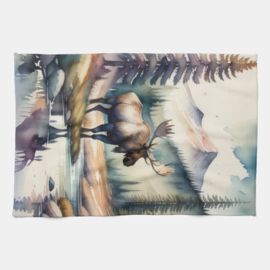 Aquarellmalerei auf Elche im Wald Geschirrtuch (Horizontal)