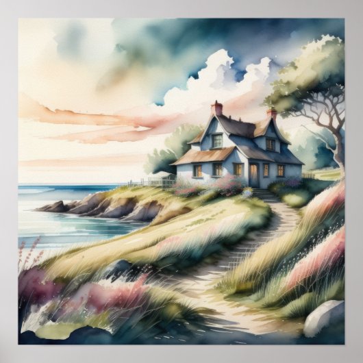 Aquarellmalerei auf Hütte am Meer Poster (Vorne)