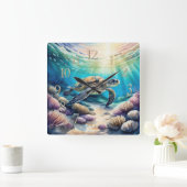 Aquarellmalerei auf Meeresschildkröte XIII Quadratische Wanduhr (Zuhause)