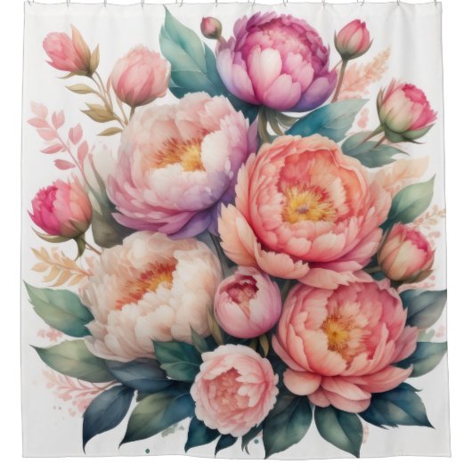 Aquarellmalerei auf Peonies Duschvorhang (Vorderseite)