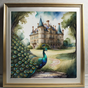 Aquarellmalerei auf Pfau und Schloss 1:1 Poster