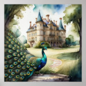 Aquarellmalerei auf Pfau und Schloss 1:1 Poster (Vorne)