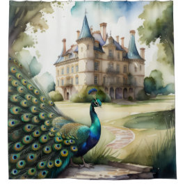 Aquarellmalerei auf Pfau und Schloss Duschvorhang
