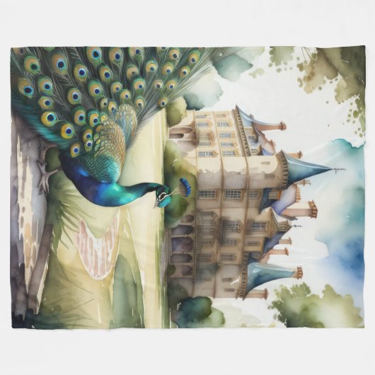 Aquarellmalerei auf Pfau und Schloss Fleecedecke (Vorderseite (Horizontal))