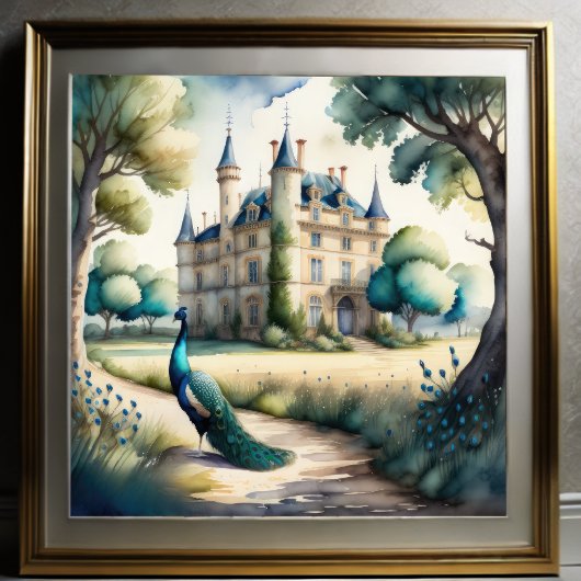 Aquarellmalerei auf Pfau und Schloss Poster
