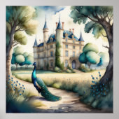 Aquarellmalerei auf Pfau und Schloss Poster (Vorne)