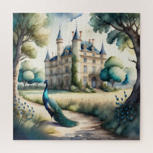 Aquarellmalerei auf Pfau und Schloss Puzzle (Vertikal)