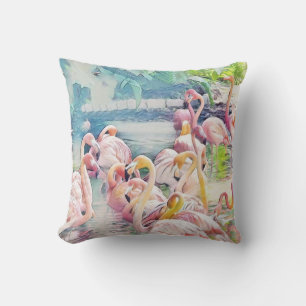 Aquarellmalerei auf rosa Flamingos im Wasser Kissen