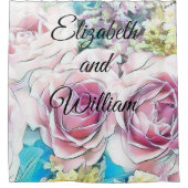 Aquarellmalerei auf rosa gelbe Rosen Duschvorhang (Vorderseite)