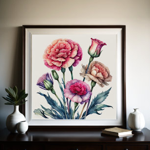 Aquarellmalerei auf rosa Nelken Poster