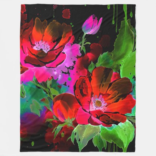 Aquarellmalerei auf Roten Blume auf Schwarz Fleecedecke (Vorderseite)
