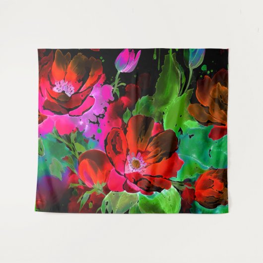Aquarellmalerei auf Roten Blume auf Schwarz Wandteppich (Vorderseite (Horizontal))