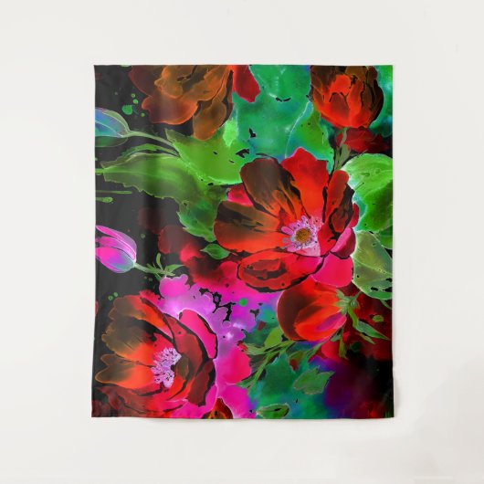 Aquarellmalerei auf Roten Blume auf Schwarz Wandteppich (Vorderseite)